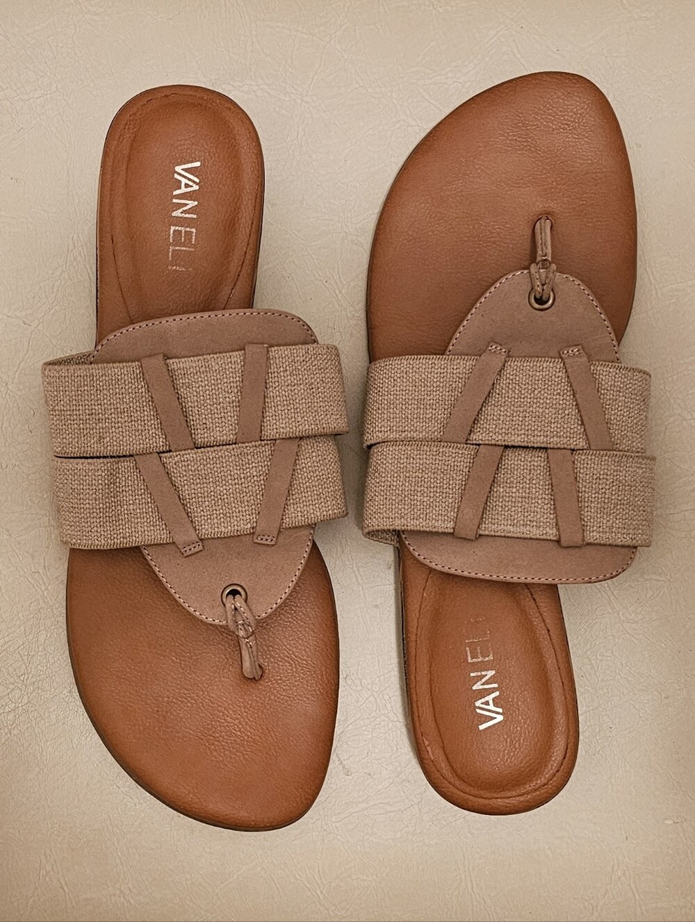 Vaneli 8.5 N Woven Elastic Open Toe Thong Sandals Tan Leather Footbed